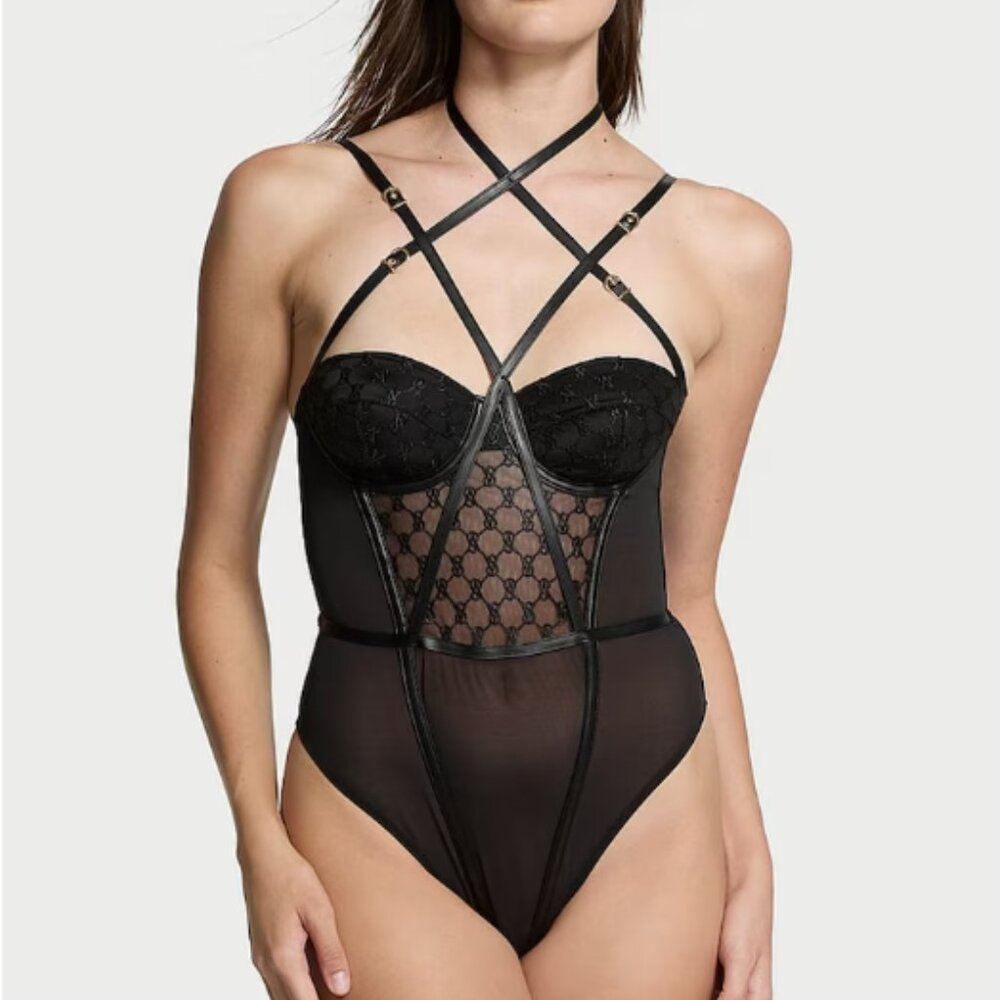 Victoria's Secret Monogram Bodysuit medium Women Faux Black Leather Lingerie